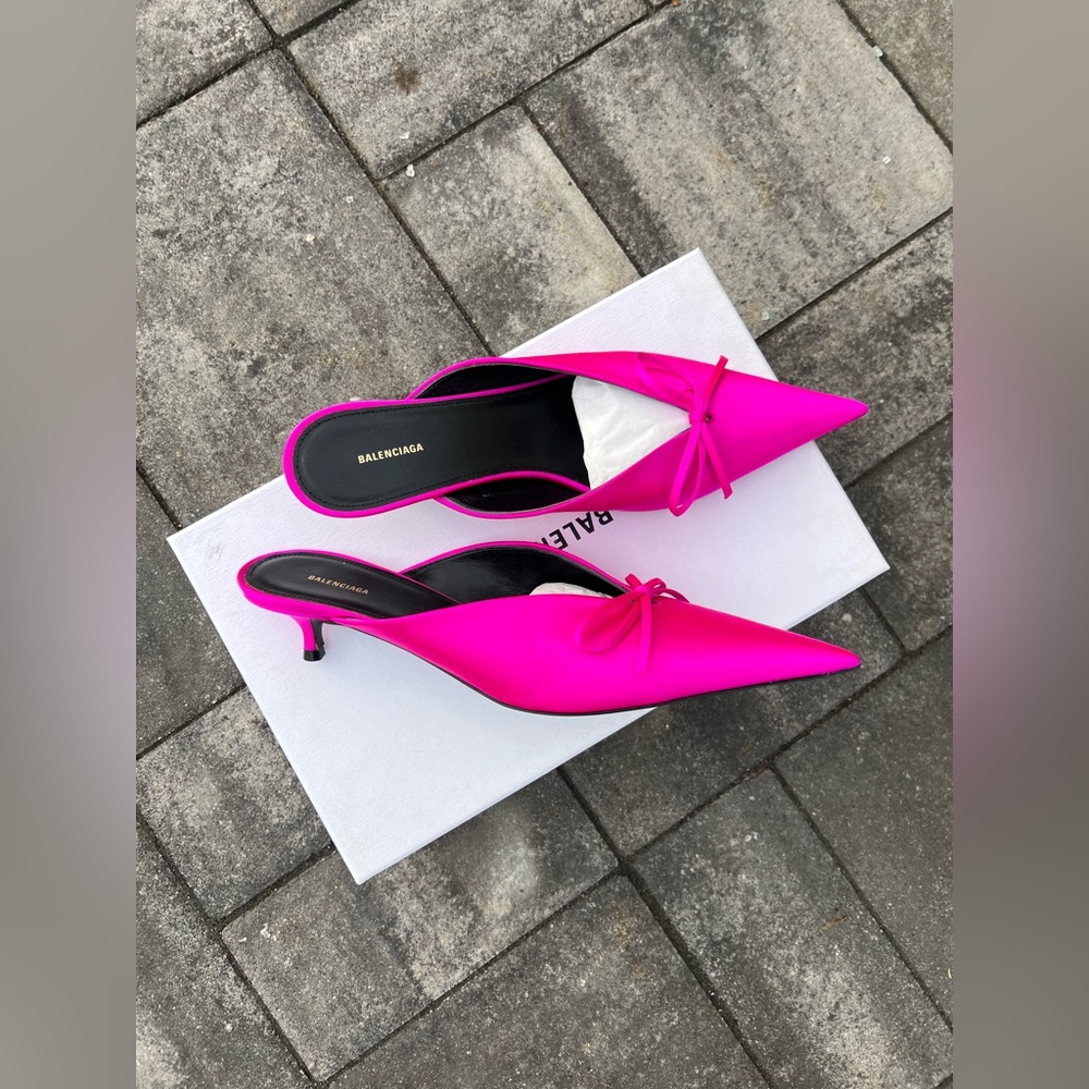 BALENCIAGA Knife Bow Satin Fuchsia Mules - Size 38.5 - NEW - Picture 13 of 17